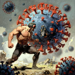 giant corona virus fighting a fly in a vicious battle, style of rutkovsky