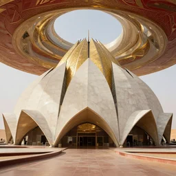 interior of a futuristic lotus mandala temple with gold, red and white marble panels, in the desert, by buckminster fuller and syd mead, intricate contemporary architecture, photo journalism, photography, cinematic, national geographic photoshoot