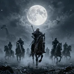 the wild hunt, spectres, riding in the sky, blizzard storm, fog, full moon, bad omen, enchanted, in the style of the witcher series, hyperrealism, breathtaking, award winning, groundbreaking, octane render, unreal 5, intricate digital art, 8 k hi - res