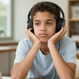 multiracial teenager wearing headphones looking bored, natural light, magazine photo, 5 0 mm lens