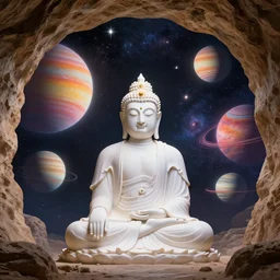 the most beautiful star system with large brightly coloared planets, inside of an expansive cave, buddha with a golden crown of clouds, coherent design, symmetrical, vivid color, complementary color, golden ratio, detailed, sharp lines, intricate, rainbowshift, by mc escher, octane render