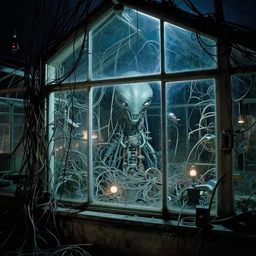 greenhouse, 1 9 8 0, retrofuturism, cluttered, wires everywhere, window, at night, dramatic lighting, alien technology, detailed by simon stalenhag