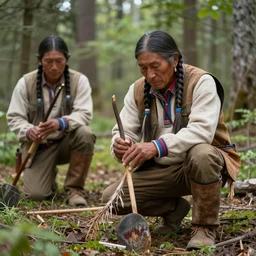 native americans hunting in the forest, realistic, clean, detailed