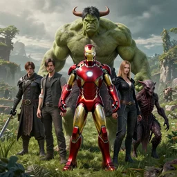portrait of marvels ( ( ( ( ironman ) ) ) ) hulk by hr giger, greg rutkowski, luis royo and wayne barlowe as a diablo, resident evil, dark souls, bloodborne monster, elden ring creature : : in a garden, grassy field, large field in the background