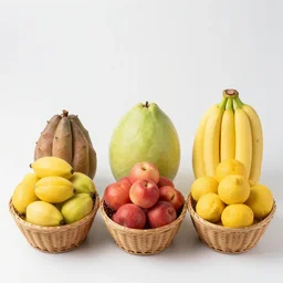 three baskets of fruit, sorted by color
