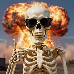 beautiful portrait of skeleton in sunglasses with thumbs up, nuclear explosion in the background, trending on Artstation, realistic, HD, 4K, five fingers, highly detailed, high quality