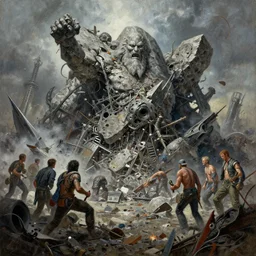 oil painting of granite wreck god in 3 0 0 0 battle - panorama autolysis nightmare garbage mulch volvulus machine, by jack kirby, ditko, alberto bontempi, shigeru komatsuzaki, wayne d barlowe, alex ross, enric torres, simon bisley & boris vallejo, hyper realism, cinematical, narrative light, muted colors,