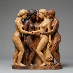 wood sculpture of beautiful racially diverse people caressing sensuously
