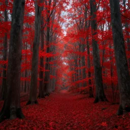 a surreal forest with back trees that have vibrant red leaves, digital art