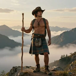 a full - body portrait by greg rutkowski and albert bierstadt of a handsome shirtless desi hiker with a longing expression on his face. he is wearing a kilt and cowboy hat. he is holding a wooden staff. background is epic mountains and clouds. highly detailed, golden hour lighting, dramatic, ethereal, dreamlike. trending on artstation