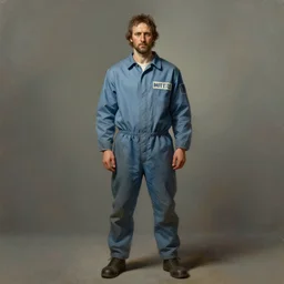 a full body portrait of a god in a prison jumpsuit, digital painting masterpiece by rembrandt, michelangelo, leonardo da vinci, perfect, gorgeous, cinematic