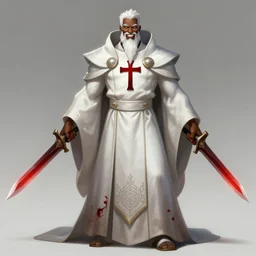 a highly detailed illustration of white haired african priest, wearing cross on robe, wielding red blades made of blood, evil standing smiling pose, muscular, intricate, elegant, highly detailed, centered, digital painting, artstation, concept art, smooth, sharp focus, league of legends concept art, WLOP