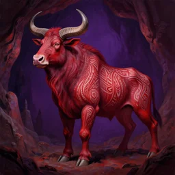 a shaded painted full body illustration of a male minotaur with glowing tribal skin markings in a dark cave environment with a bovine head, painterly, detailed, art - deco, red and purple palette : : 0. 3 by conrad roset, nicola samuri, dino valls, m. w. kaluta, rule of thirds, beautiful