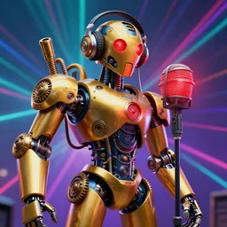 portrait photo of a giant huge golden and blue metal humanoid steampunk robot singer with headphones and big gears and tubes, in front is a big red glowing microphone on a tripod, eyes are glowing red lightbulbs, shiny crisp finish, 3 d render, 8 k, insaneley detailed, fluorescent colors, background is multicolored lasershow