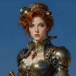 a cinematic portrait scene female steampunk blake lively, blue background, intricate, elegant, highly detailed, digital painting, artstation, concept art, smooth, sharp focus, illustration, art by artgerm and greg rutkowski and alphonse mucha