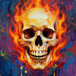 a psychedelic wide shot smiling skull with fire flame, amazing abstract painting, paint splash, simon stalenhag, artgerm