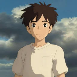 Boy without smile, dramatic clouds, made by Studio Ghibli, Accent lighting, front lit, highly detailed art, beautiful scene, sharp focus, smooth, 8k, artgerm