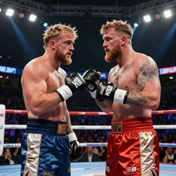 KSI fighting Jake Paul in a big arena with dramatic lights, 4k, ultra realistic