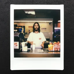 jesus christ working the front counter of mcdonald's ready to take your order, eighties polaroid, flash photography, photorealistic, kodachrome