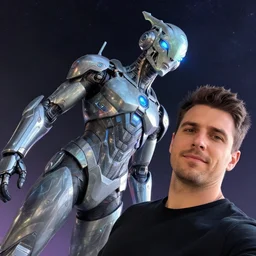 instagram selfie!!!!!!!!!!!!!!!!!. relatable dynamic close offset angled portrait with subject in bottom right corner looking at viewer. interdimensional cosmic traveler. exotic anomaly. 😀 heroic masculine futuristic geometric cybertronic muscular spacesuit. octane cg render, volumetric. artgerm, beeple. frank frazetta, jack kirby