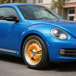 a blue beetle car, with burgers for wheel rims