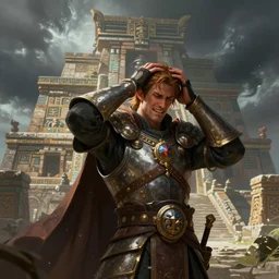fantasy character illustration of a lavishly armored man gripping his head in pain, behind the man is an aztec temple on a stormy day, trending on artstation, digital art ( by joseph meehan ) ( by victor adame ) ( by anna steinbauer )