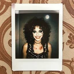 an instant photo of a handsome but creepy, sinister, smiling young woman, with haunted eyes and curly hair, wearing punk clothing, 1 9 7 0 s, seventies, wallpaper, a little blood, moonlight showing injuries, delicate embellishments, painterly, offset printing technique