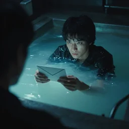 agent 4 7 to check his email submerged in translucent goo, over the shoulder perspective, in 1 9 8 5, y 2 k cybercore, industrial low - light photography, still from a kiyoshi kurosawa movie