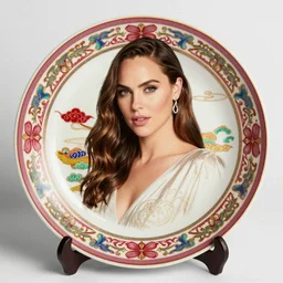 gal gadot china plate, plate with chinese patterns, gal gadot on the plate,