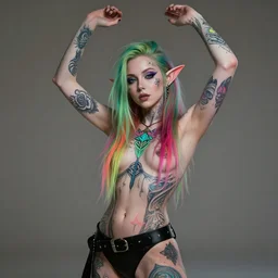 a cinematic medium shot portrait render of Grimes as an elf covered with symbolic neon tattoos, lifting her arms, plain background