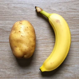 a potato and a banana on a table topdown photo
