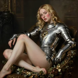 blushing, seductive, saoirse ronan, blonde hair, wearing clockwork silver armour, posing seductive, legs, ornate wreath, oil painting by titian, hard focus, portrait