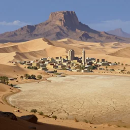 Dried lake with sand village city desert in the style of Frank Frazetta and Galen Rowell