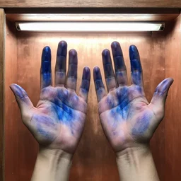 RIPE HANDS, THE SMELL OF INK, BLUESTAIN PLUMAL E. BOBO...skee rocket talker, nuh-uh, who, we? bo bo bo...BLUESCREEN meant open hands palmed. the accumulative dusk of bright room noise, your crush's voice a hollow ache through laquered plywood-on-copper chamber. aluminum glisten the fluorescent highlight from on surface.