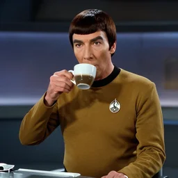 mr spock drinking coffee on the bridge of the enterprise, cinematic, movie still