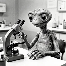 a still photo from e. t. the extraterrestrial ( 1 9 8 2 ), e. t. is sitting at a table in a laboratory near a vintage microscope, he is holding a broken piece of glowing rock, black and white ink pen illustration, highly detailed, hyper realistic