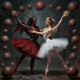 two demons dance ballet in hell, surrounded by spheres!!!, beksinski, dariusz zawadzki, very coherent symmetrical artwork. cinematic, hyper realism, high detail, octane render, 8 k