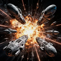 over 1 0 0 alien ships fighting in space, explosions, high contrast, art by mark cooper, 8 k, hyper detailed, hdr, intricate, masterpiece