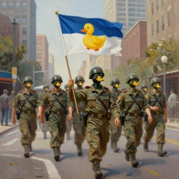 an oil painting of a duck army holding a duck rep flag in a city, trending
