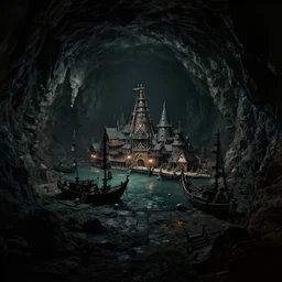 A secret pirate town and harbor, in a cave. Underexposed, dark, centered. Atmospheric matte painting by Darek Zabrocki and Emmanuel Shiu, 4k ultra detailed, cinematic.
