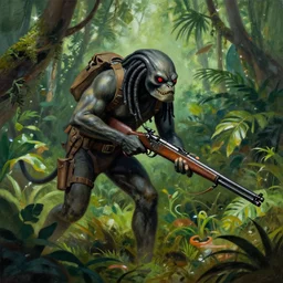 the predator roaming the jungle with a rifle, red eyes, as painted by Donald McAlpine