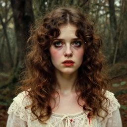 a beautiful but sinister girl in layers of fear, with haunted eyes and curly hair, 1 9 7 0 s, seventies, woodland, delicate embellishments, a little blood, crimson, painterly, offset printing technique, by jules bastien - lepage