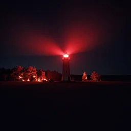 lighthouse that shines red, field, night, unsettling, burning trees on the horizon, photo 1998