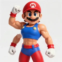 supermario as a ripped female bodybuilder wearing spandex blue and red clothing