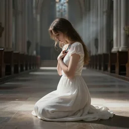 a young woman in an empty cathedral, sideways, on her knees, wearing a white dress, holding a knife to her chest, sideway, light rays, establishing shot, concept art, digital art by greg rutkowski, intricate details