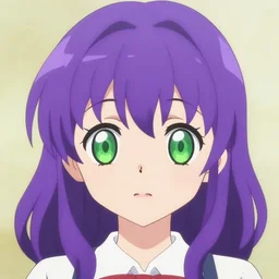 cute pretty anime lariennechan portrait with green eyes, big round eyes, symmetrical face, purple hair