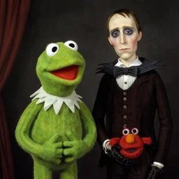 kermit and elmo in the style of american gothic by grant wood
