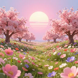 hd futuristic blissful idyllic landscape full of cgi flowers and blossoms blooming under a false bright pink sun, hd, hyperrealistic, hyper detailed