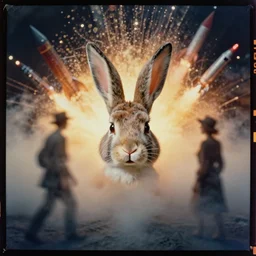 kodak portra 4 0 0, wetplate, colours, bunny head, the walking dead, 1 9 1 0 s style, motion blur, portrait photo of a backdrop, explosions, rockets, bombs, sparkling, fog, by georges melies and by britt marling