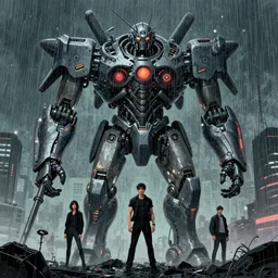 horkey, bussiere, mullins, barlowe, pennington sibylla merian rocha harris rocha zorn dahl artgerm bilibin wlop, vfx cyberpunk neo - tokyo during a rainstorm, synthwave gustave dore massive colossal mech, mechanized robotic metallic deity apophasis